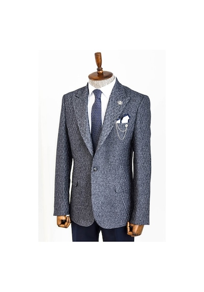 Wessi Kendinden Desenli Slim Fit Yün Erkek Lacivert Ceket Taba