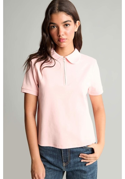 Defacto Regular Fıt Polo Yaka Nakış Baskı Slogan Desenli Ribana Kısa Kollu Tişört I4226ax26aupn637 Pembe-pn637