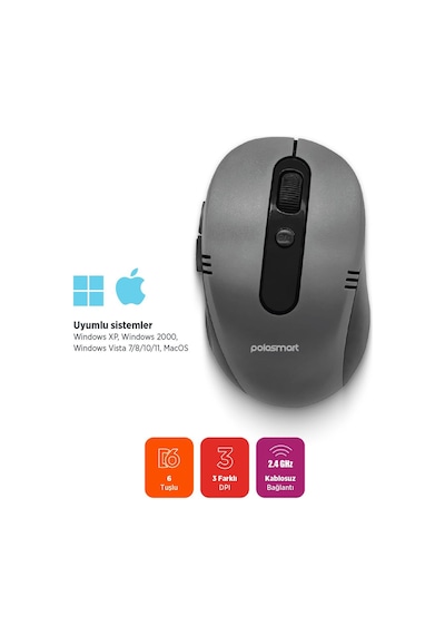 Polosmart Pswm21 Ergonomik Pilli Kablosuz Optik 6 Tuşlu 1600 Dpı Mouse Gri Diğer