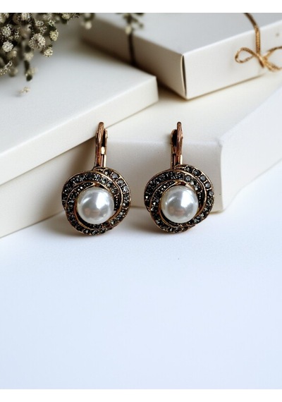 Black Diamond İ Taşlı Inci Sallantılı Küpe Gri