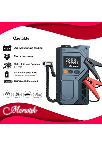 12000mah Akü Takviye Ve Lastik Şişirme Kompresörü 4 Ü 1 Arada Jump Starter, 150 Psı Dijital H