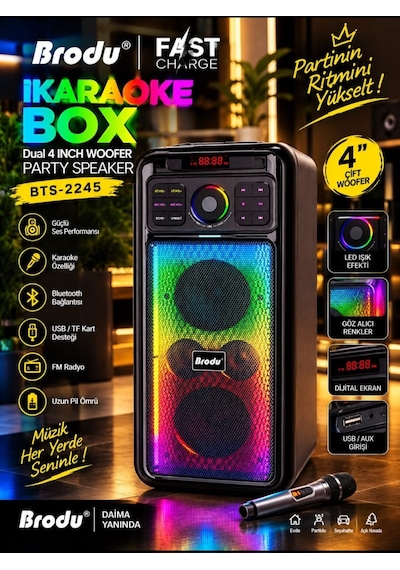 Bts-2245 Çift 4" 80w Woofer Kablosuz Karaoke Parti Hoparlörü Rgb Işıklı, Kablosuz Mikrofonlu