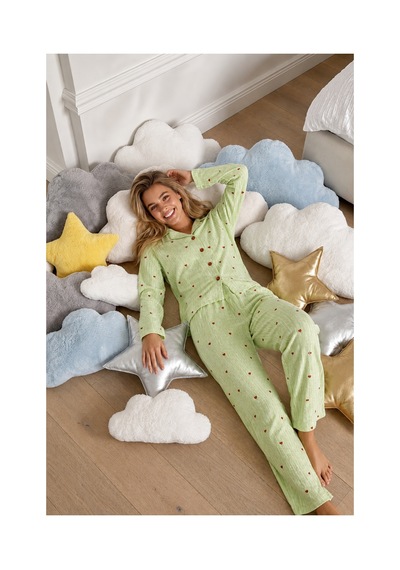 Fit Women Kadın Puantiyeli Uzun Kollu Düğmeli Yeşil Pijama Takımı