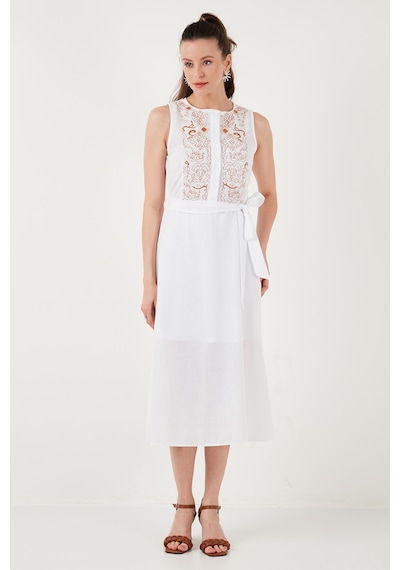 Lela Nakışlı Regular Fit Kolsuz Midi Bayan Elbise 611El00959 Ekru-Camel