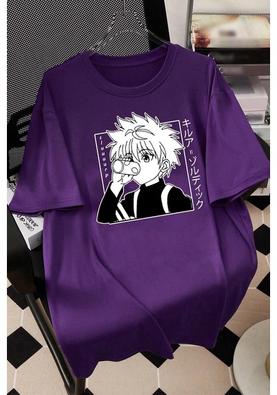 Flood Of Style Unisex Killua Zoldyck Baskılı T-shirt Mor