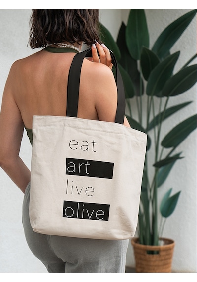 Eat Art Live Olive - Siyah Kulplu Gabardin Bez Çanta Açık Bej