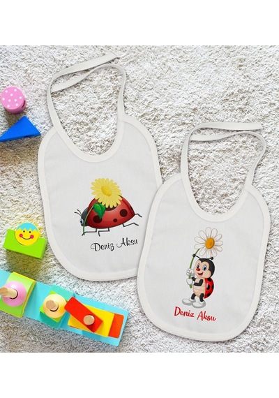 BK Kids Kişiye Özel Uğur Böceği Tasarımlı 2’li Beyaz Mama Önlüğü- Beyaz