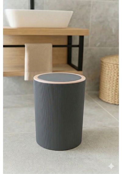 İndecor Houseware Liza Beyaz Çizgili Yuvarlak Banyo Çöp Kovası - Mutfak Çöp Kutusu - Ofis Çöp Kovası 5 Litre Gri