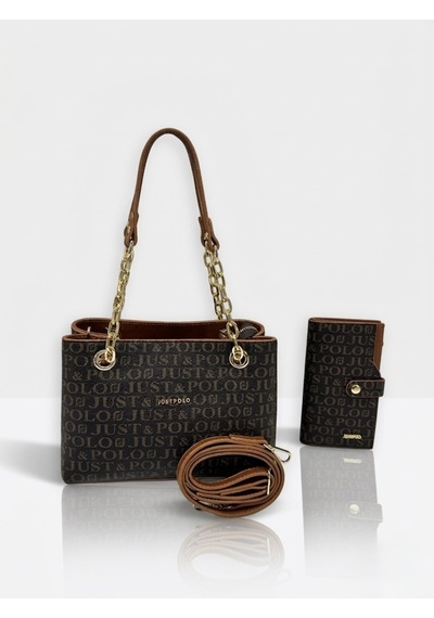 Just Polo Kadın Günlük & Özel Günlere Uygun Baskılı Şık Omuz Çantası Ve Cüzdanı Kombin Shopper Kahverengi - Taba