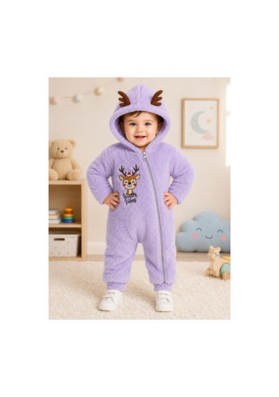 Tatlı Geyik Nakışlı Welsoft Peluş Kapüşonlu Fermuarlı Kışlık Unisex Bebek Tulumu 40212 Lila