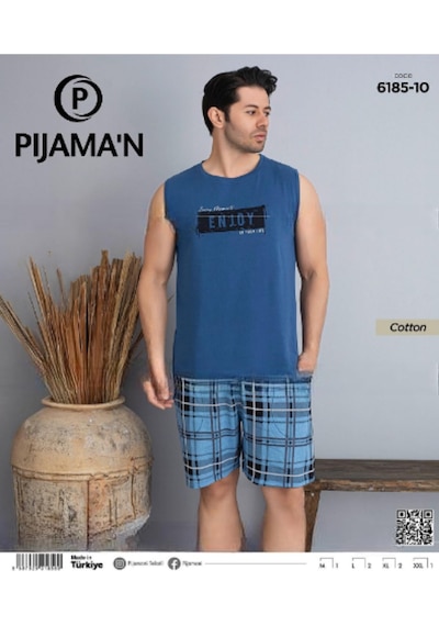 Pijamoni Erkek Bisiklet Yaka Kolsuz Şortlu Pijama Takımı 6185/10 - 1 Adet Mavi