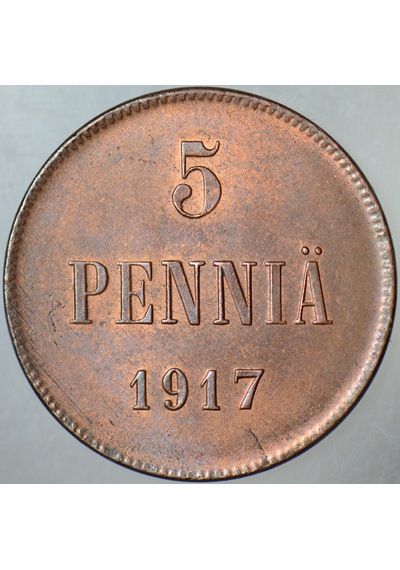 Finlandiya 5 Pennia 1917 Rusya Hakimiyeti Kerensky Hükümeti - İç Savaş Dönemi. Çilaltı.
