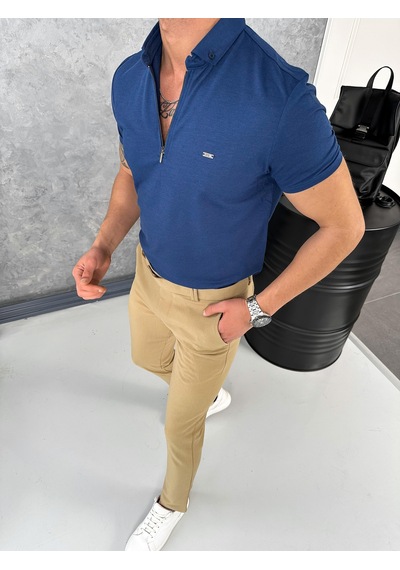 Modefendi Pamuk Likra Slim Fit Kalıp Bebe Yaka Fermuarlı Tshirt Lacivert