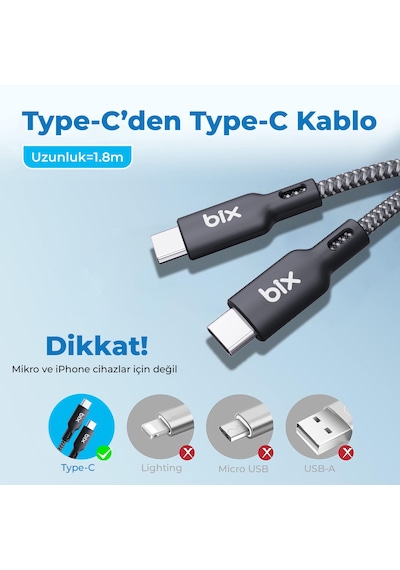 Bix BXCC240  1.8 M Type-C 240 W Şarj Ve Data Kablosu