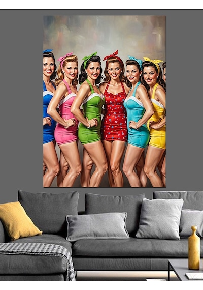 Ahşap Tablo Renkli Elbiseli Pin-up Kadınlar