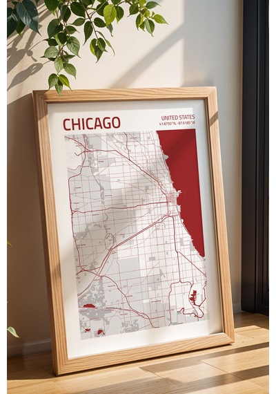 Chicago Abd Şehir Haritası Çerçeveli Tablo Lüks Salon Ofis Duvar Dekorasyonu Hediyelik Tablo Kayın
