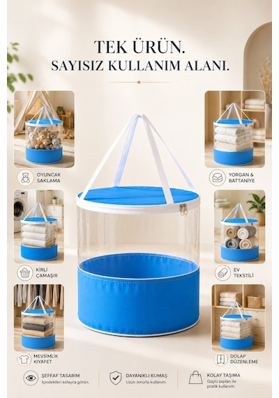 Kazak Tişört Hurcu Fermuarlı Kulplu Kıyafet Saklama Çantası Dolap Düzenleyici Organizer Mavi