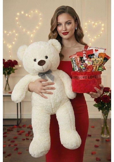 3 Lü Kadınlar Günü Hediye Seti 90 Cm Peluş Ayı, Love Çikolata Sepeti & Mavi Peluş Ayıcık Buketi 27147166