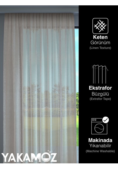 Krem Renk Keten Görünümlü Ekstraforlu Tül Perde Linen Touch Serisi Krem