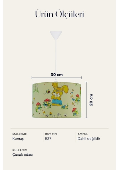 Şenay Aydınlatma Çocuk Odası Silindir Kumaş Sarkıt Avize 30 cm Bej Tavşan