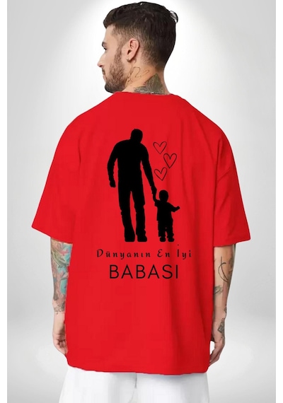 Babalar Günü Dünyanın En İyi Babası Kırmızı Oversize Unisex Ön Ve Sırt Baskılı Tişört Kırmızı