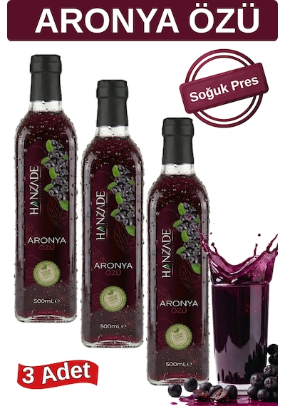 Hanzade Bitkisel Aronya Özü 500 Ml X 3 Adet Soğuk Pres, Yoğun Tat, Cam Şişe