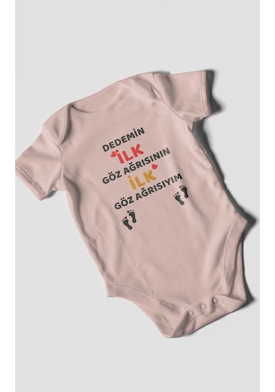 Dedemin İlk Göz Ağrısıyım Baskılı Bebek Zıbını Çıtçıtlı Body %100 Pamuk Kısa Kol Pastel Pembe