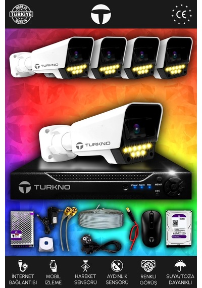 Turkno 5 Kameralı Supia 5 Dış Kamera Set 320 GB 5 MP 2K Net Renkli Gece Görüşlü Güvenlik Kamerası Sistemi