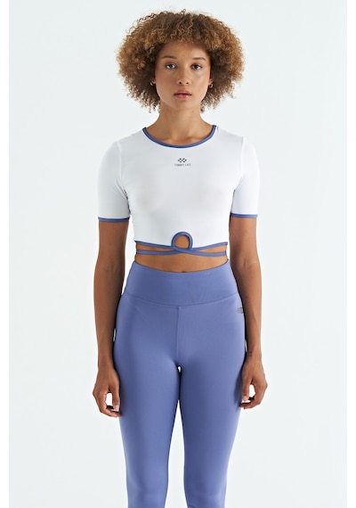 Tommy Life Beyaz Bel Bağlama Detaylı O Yaka Standart Kalıp Dalgıç Kumaş Kadın Crop T-shirt - 97266 Beyaz