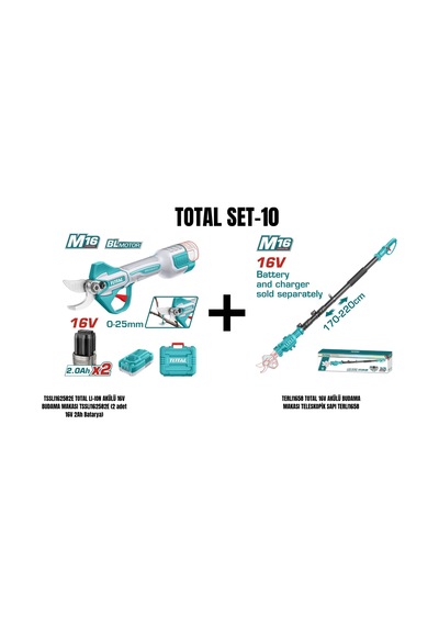 Total Set-10 Total Lı-ıon Akülü 16v Budama Makası+total 16v Akülü Budama Makası Teleskopik Sapı
