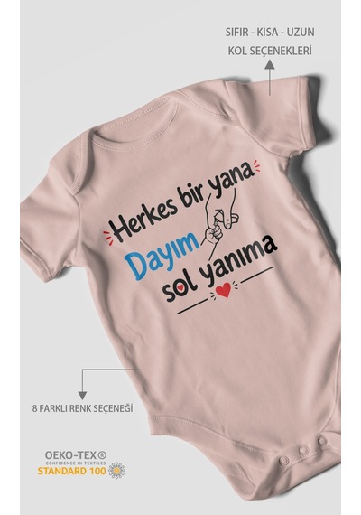 Morivokids Herkes Bir Yana, Dayım Sol Yanıma Kısa Kollu Bebek Body %100 Pamuk Pastel Pembe