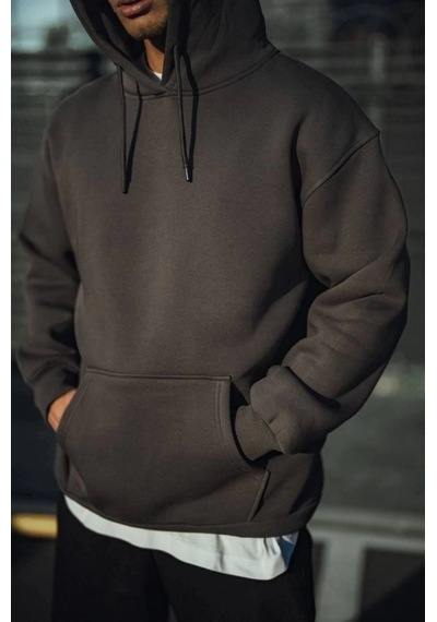 Zenna Tarz Üç İplik Penye Kapşonlu Basic Sweatshirt - Antrasit Füme