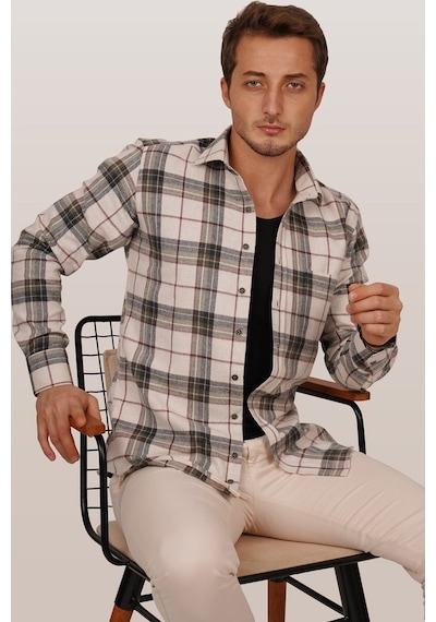 Krem Oduncu Slimfit Erkek Gömlek Krem