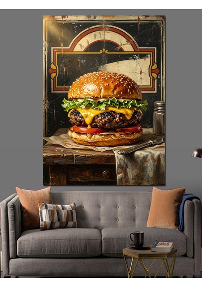 Eskiz Kağıdı Üzerinde Büyük Hamburger Dekoratif Kanvas - Mdf Ahşap Tablo