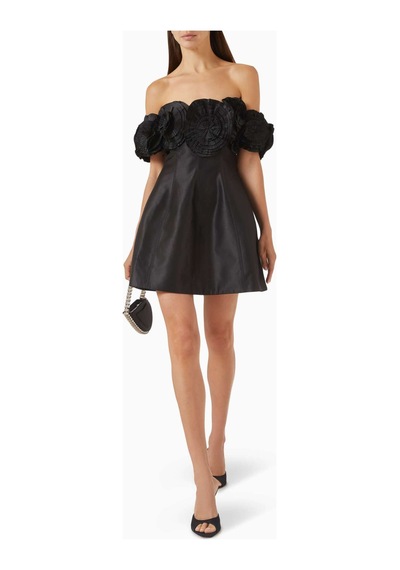 Acler Off - Shoulder Mini Elbise - Aksesuarlı, %65 Polyester %35 Pamuk, Saten Kumaş Siyah