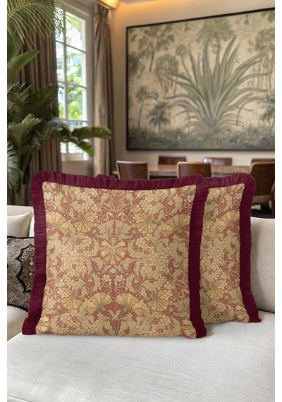 Saray Ihtişamı Saçaklı Yastık Kılıfı - Vintage Lüks Bohem Bordo Altın Renkli Püsküllü Kırlent Kılıfı Göl Çiçeği