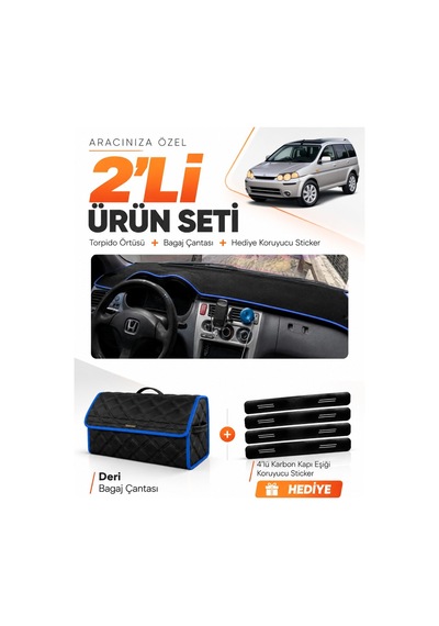 Honda Hr-v 1998-2005 Uyumlu Torpido Örtüsü + Deri Bagaj Çantası + Sticker Seti - Siyah Mavi