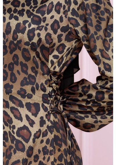 Yanı Bağcıklı Leopar Desenli Tesettür Abiye-kahverengi-4682