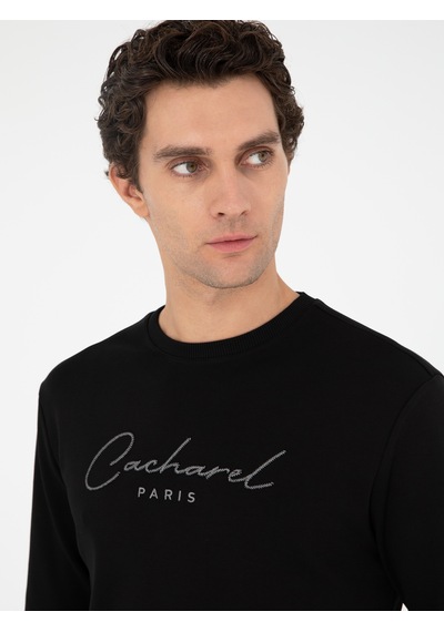 Siyah Regular Fit Bisiklet Yaka Pamuklu Sweatshirt