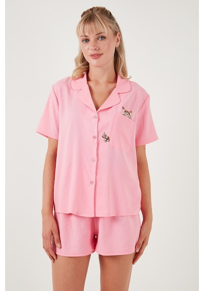 Lela Gömlek Yaka Beli Lastikli Kısa Kollu Şortlu Bayan Pijama Takımı 611Pt00123 Pembe