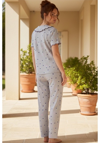 Siyah İnci Yakalı Düğmeli Fitilli Kaşkorse Örme Pijama Takım 26120503 Gri