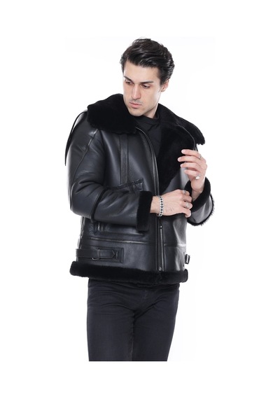 M M Marki Marki Erkek Hakiki Deri Mont, Balıkçı Yaka, Siyah Kürklü, Fermuar Kapamalı, Oversize Model - 500422