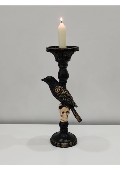 Gotik Tasarım Siyah Kuş Ve Kafatası Şamdan, Mumluk, El Yapımı, Ev Dekoru Siyah