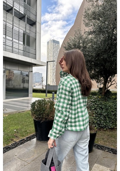 Kadın Yeşil Çift Cepli, Pötikare Desenli, Rahat Kalıp, Kısa Tüvit Ceket Benetton