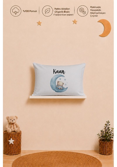 İsimli Erkek Bebek Yastık Kılıfı 35x45 Cm %100 Pamuk Organik Baskılı İsme Özel Bebek Hediyesi 1071y