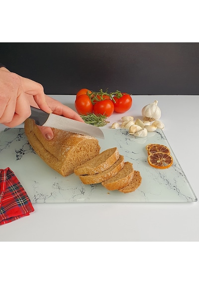Decorita Beyaz Mermer Görünümlü Cam Kesme Tahtası 30 x 40 CM