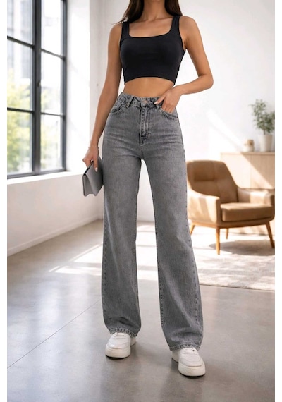 Woddi Hsn Kadın Füme Salaş Likralı Bel Salaş Jean Pantolon New Sezon-2