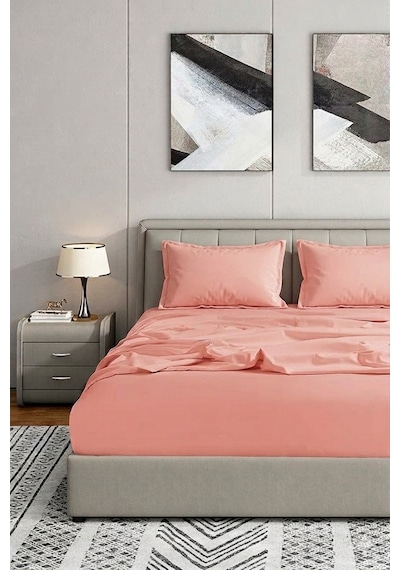Pamuklu Çift Kişilik Lastikli Çarşaf Takımı 160x200 + 2 Adet Yastık Kılıfı Somon