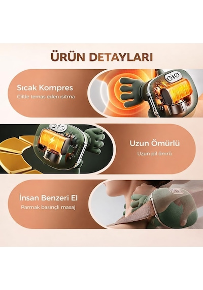 Isıtmalı Şarjlı Boyun Ve Omuz Masaj Aleti İnsan Eli Hissi Veren Yoğurmalı Masaj Cihazı Yeşil-1760 Gri