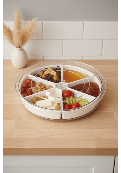 360 Derece Döner Kapaklı 6 Bölmeli Beyaz Kahvaltı Sunum Saklama Tabağı Kabı Mıt1289 Şeffaf